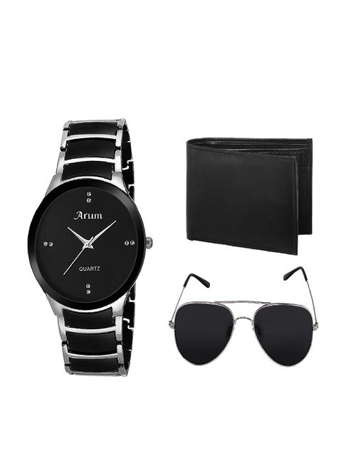 Arum New Stylish Black &Silver Watch with black wallet ,sunglass - 14509988 - Very Small Image - 1