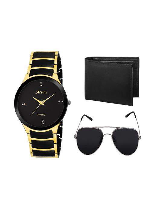 Arum New Analog Black & Golden Watch with black wallet,sunglass - 14509989 - Very Small Image - 1