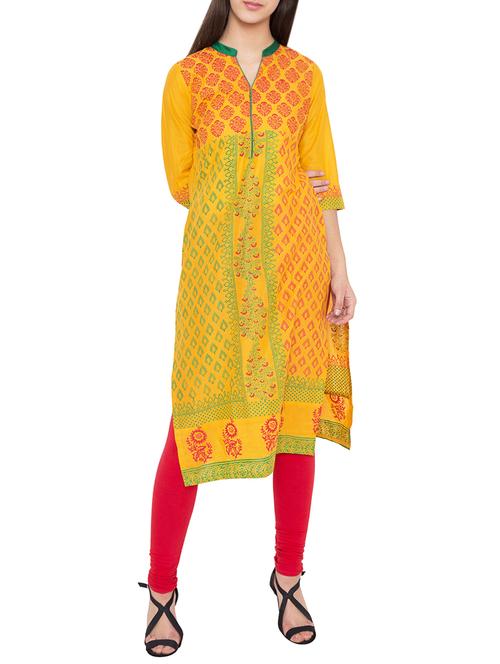 yellow cotton straight kurta - 14510030 - Very Small Image - 1