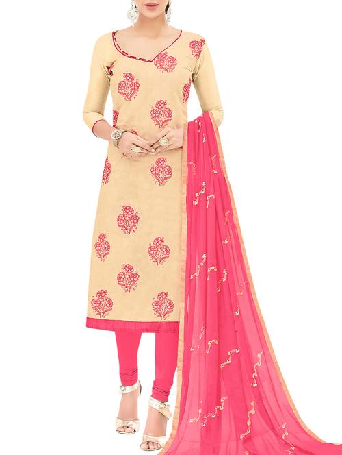 beige chanderi cotton churidaar suit dress material - 14510056 - Very Small Image - 1