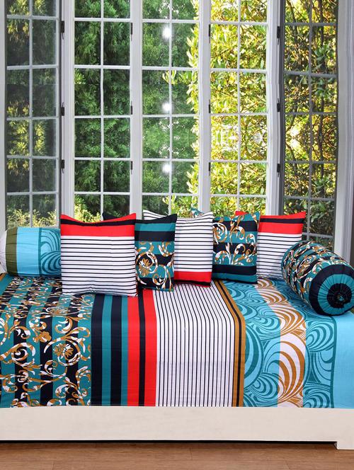 Cotton Diwan set with 5 cushions & 2 bolster cover - 14510260 - Very Small Image - 1
