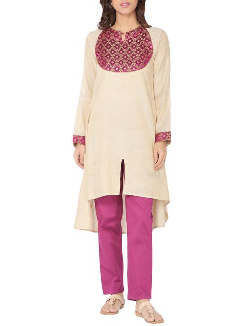 beige silk high low kurta - 14510654 - Standard Image - 1