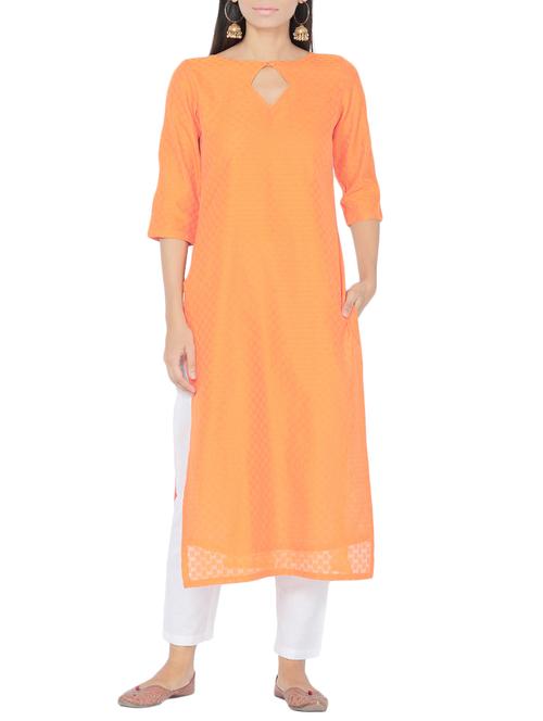 orange chanderi straight kurta - 14510657 - Standard Image - 1