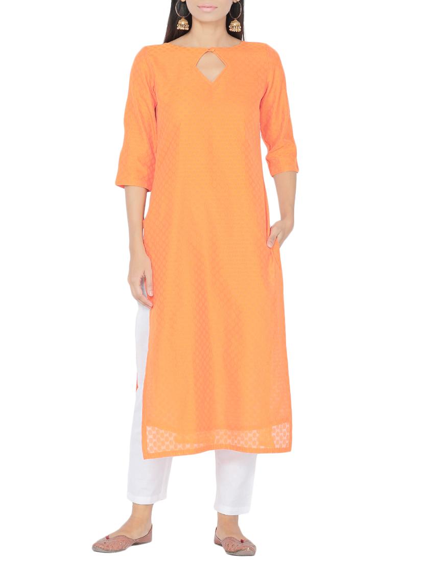 orange chanderi straight kurta - 14510657 - Zoom Image - 1