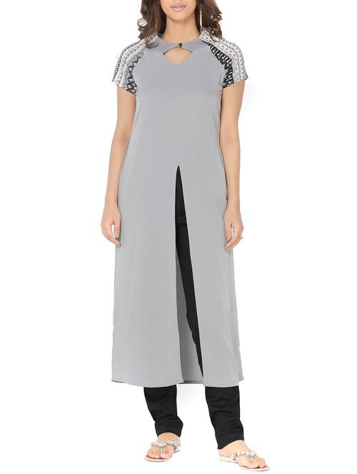 grey synthetic high slit solid kurta - 14510667 - Very Small Image - 1