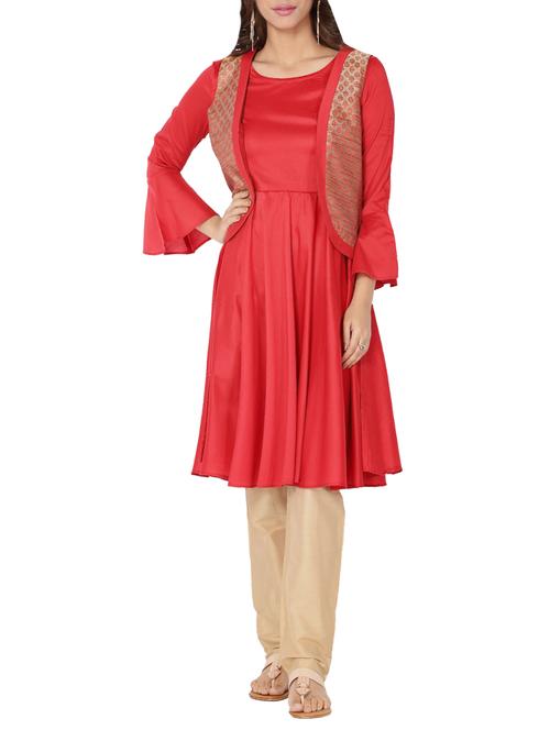 Bell sleeves art silk flared kurta - 14510689 - Very Small Image - 1