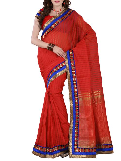 Red woven saree with blouse - 14510807 - Very Small Image - 1