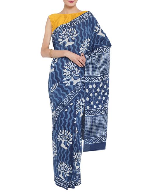 blue cotton printed saree with blouse - 14510960 - Very Small Image - 1