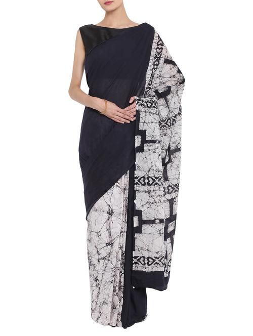 black cotton printed saree with blouse - 14510969 - Very Small Image - 1