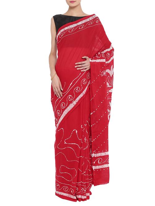 red cotton printed saree with blouse - 14510971 - Very Small Image - 1