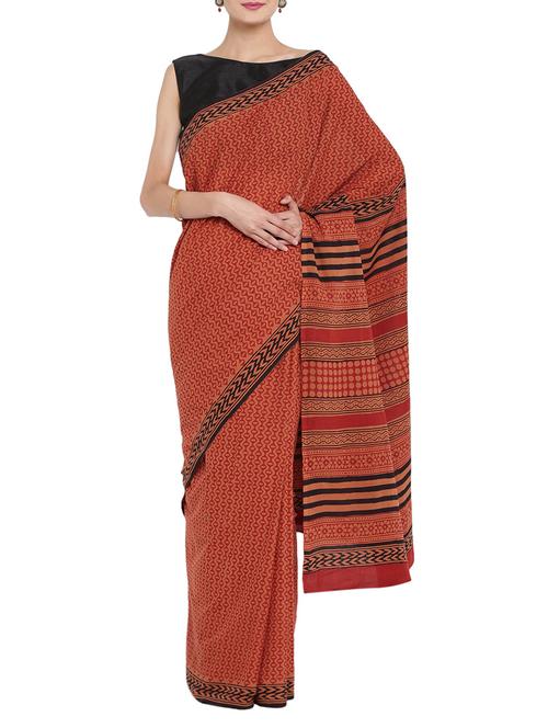 Red printed saree with blouse - 14510988 - Very Small Image - 1
