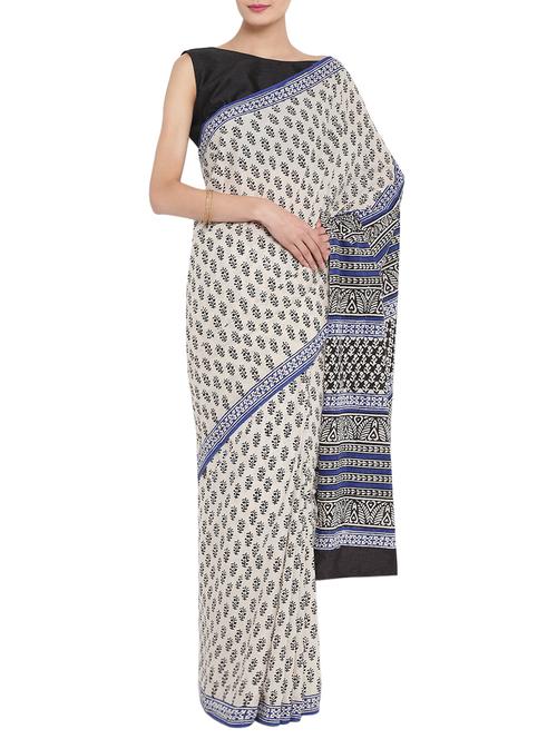white printed saree with blouse - 14510989 - Very Small Image - 1