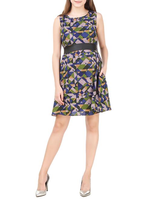 green geometric printed belted dress - 14511009 - Very Small Image - 1