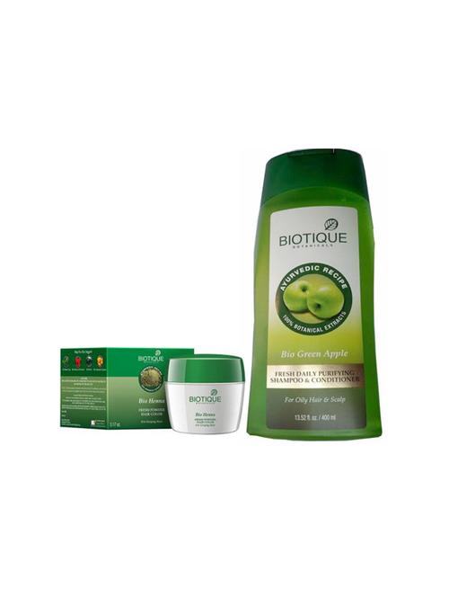 Biotique Henna Fresh Powder Hair Color(90GM), Green Apple Purifying Shampoo & Conditioner(400ML) - 14511057 - Very Small Image - 1