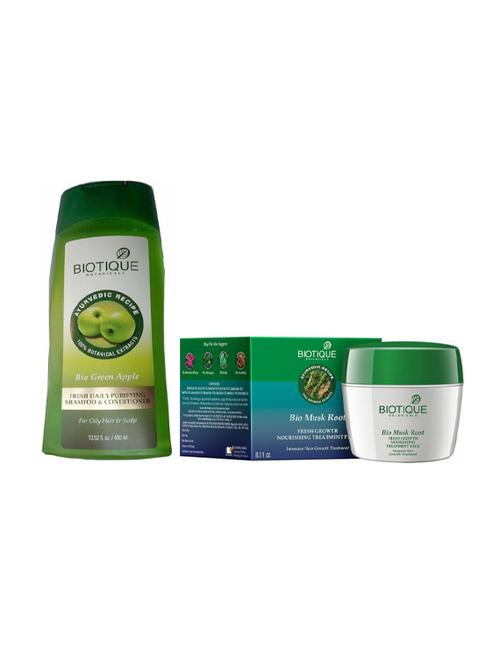 Biotique Green Apple Daily Purifying Shampoo & Conditioner(400ML), Musk Root Fresh Growth Nourishing Treatment(230GM) - 14511059 - Very Small Image - 1