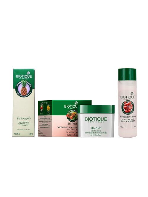 Biotique Oil Control Face Cleanser(120ML),Fruit Whitening Face Pack(75GM),Winter Cherry Rejuvenating Nourisher(190ML) - 14511309 - Very Small Image - 1