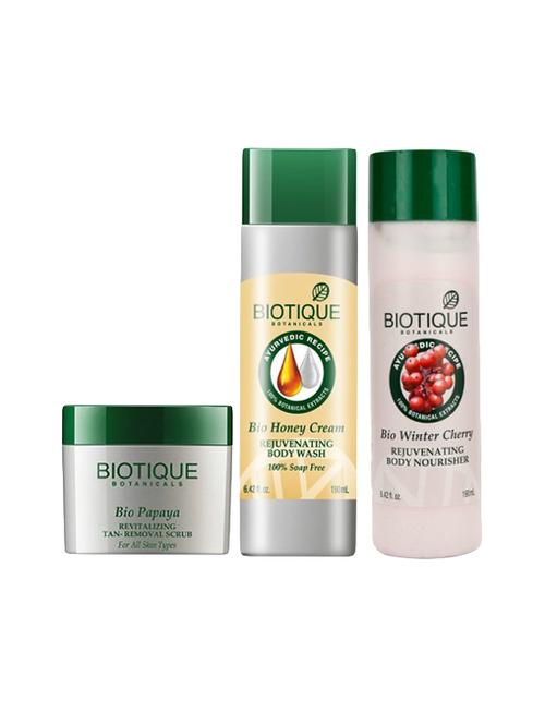 Biotique Papaya Tan-Removal Scrub(75GM), Honey Cream Rejuvenating Body Wash(190ML), Winter Cherry Body Nourisher(190ML) - 14511311 - Very Small Image - 1