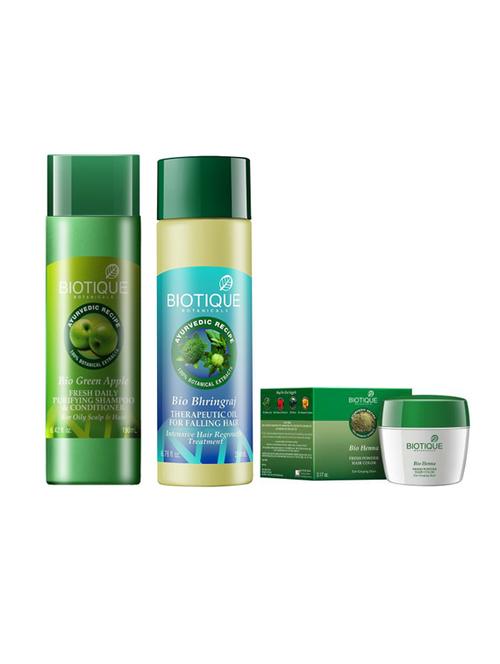Biotique Green Apple Purifying Shampoo & Conditioner(190ML), Bhringraj oil for falling hair(200ML), Henna Hair Color(90GM) - 14511315 - Very Small Image - 1