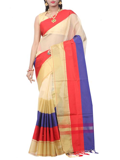 Beige bordered saree with blouse - 14511538 - Standard Image - 1