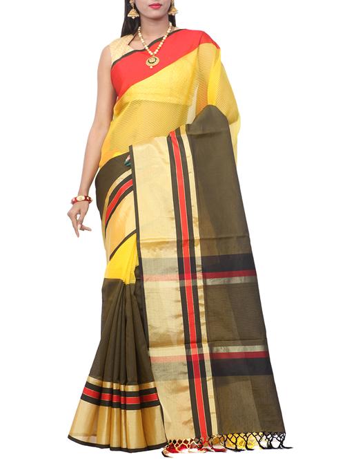 Yellow & black bordered saree with blouse - 14511540 - Very Small Image - 1