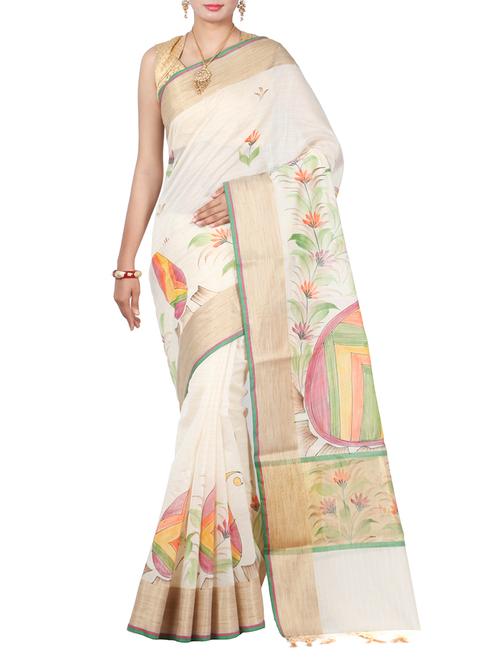 White printed saree with blouse - 14511548 - Very Small Image - 1