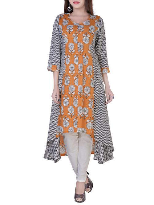 Orange cotton high-low kurta - 14511700 - Very Small Image - 1