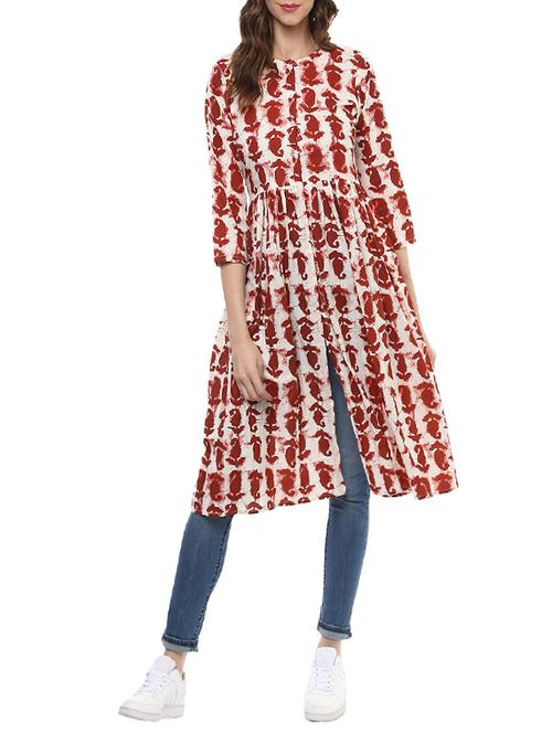 Red cotton high slit kurta - 14511975 - Very Small Image - 1