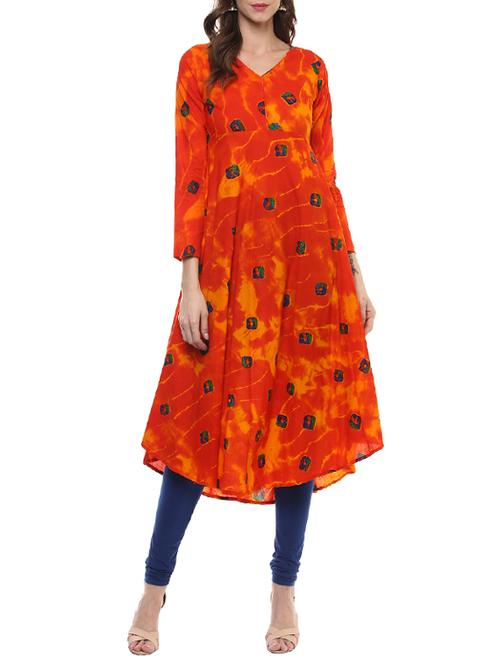 orange cotton flared kurta - 14511983 - Very Small Image - 1