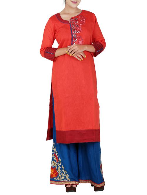 red chanderi kurta palazzo set - 14512130 - Very Small Image - 1