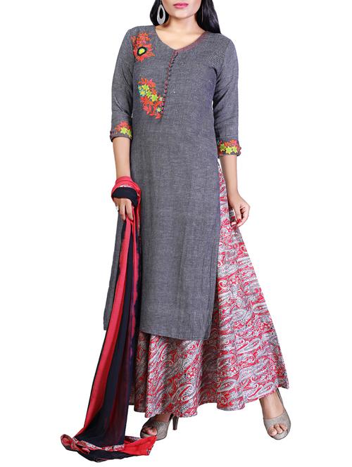 grey cotton kurtaskirt stitched suit - 14512160 - Very Small Image - 1