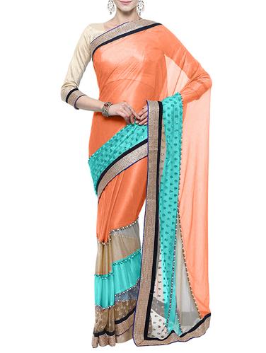 orange lycra embroidered saree - 14512188 - Very Small Image - 1