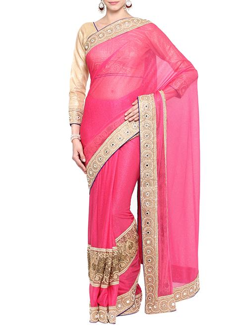 pink lycra embroidered saree with blouse - 14512197 - Very Small Image - 1