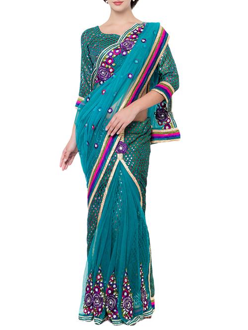 green net embroidered saree with blouse - 14512225 - Very Small Image - 1