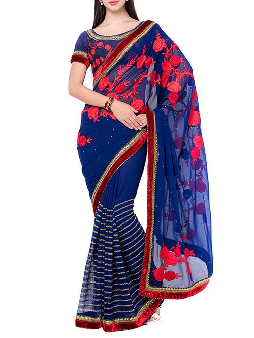 blue georgette embroidered saree with blouse - 14512233 - Standard Image - 1
