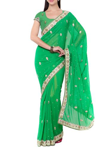 green georgette embroidered saree - 14512236 - Very Small Image - 1