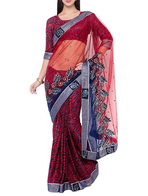 red net embroidered saree with blouse - 14512241 - Very Small Image - 1