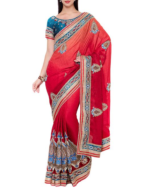 red georgette embroidered saree with blouse - 14512248 - Very Small Image - 1