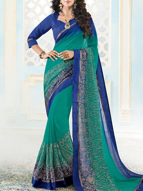 green embroidered saree with blouse - 14512316 - Very Small Image - 1