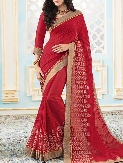 red embroidered saree with blouse - 14512317 - Very Small Image - 1
