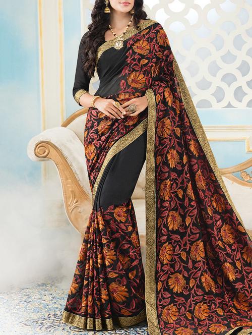 black embroidered saree with blouse - 14512320 - Very Small Image - 1