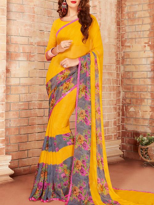 yellow printed saree with blouse - 14512349 - Very Small Image - 1