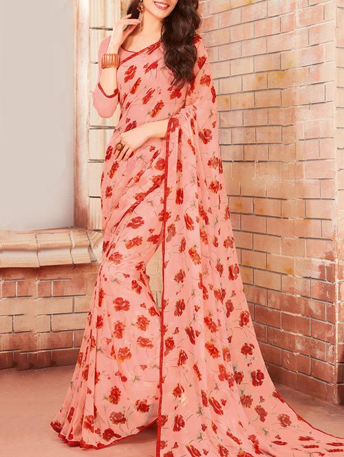 peach printed saree with blouse - 14512350 - Very Small Image - 1