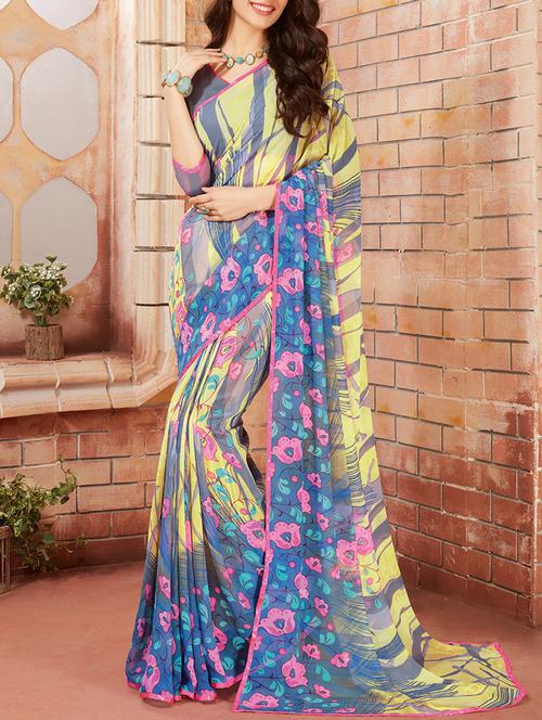 Multicolored printed saree with blouse - 14512355 - Very Small Image - 1