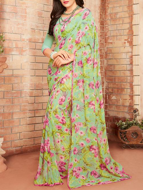 Multicolored printed saree with blouse - 14512361 - Very Small Image - 1