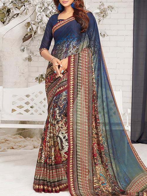 Multicolored printed saree with blouse - 14512385 - Very Small Image - 1