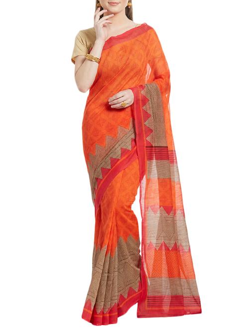 orange cotton silk printed saree with blouse - 14512557 - Very Small Image - 1