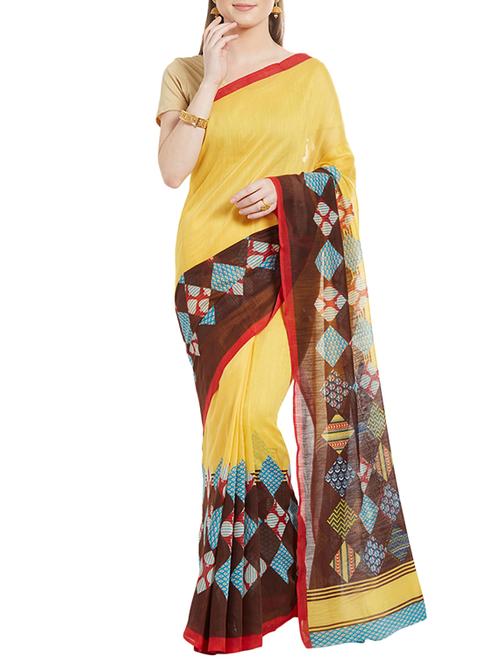 yellow cotton silk printed saree with blouse - 14512568 - Very Small Image - 1