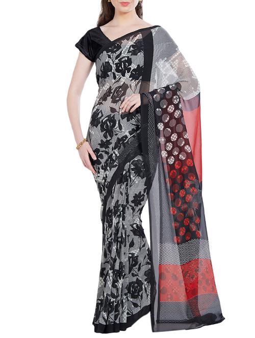 black georgette printed saree with blouse - 14512574 - Standard Image - 1