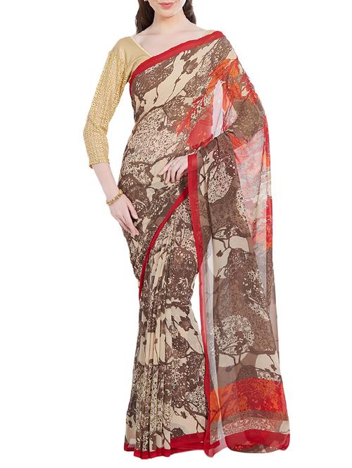 brown georgette printed saree with blouse - 14512582 - Very Small Image - 1