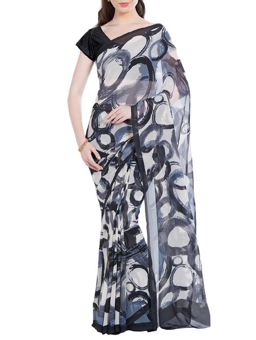 black georgette printed saree with blouse - 14512588 - Very Small Image - 1